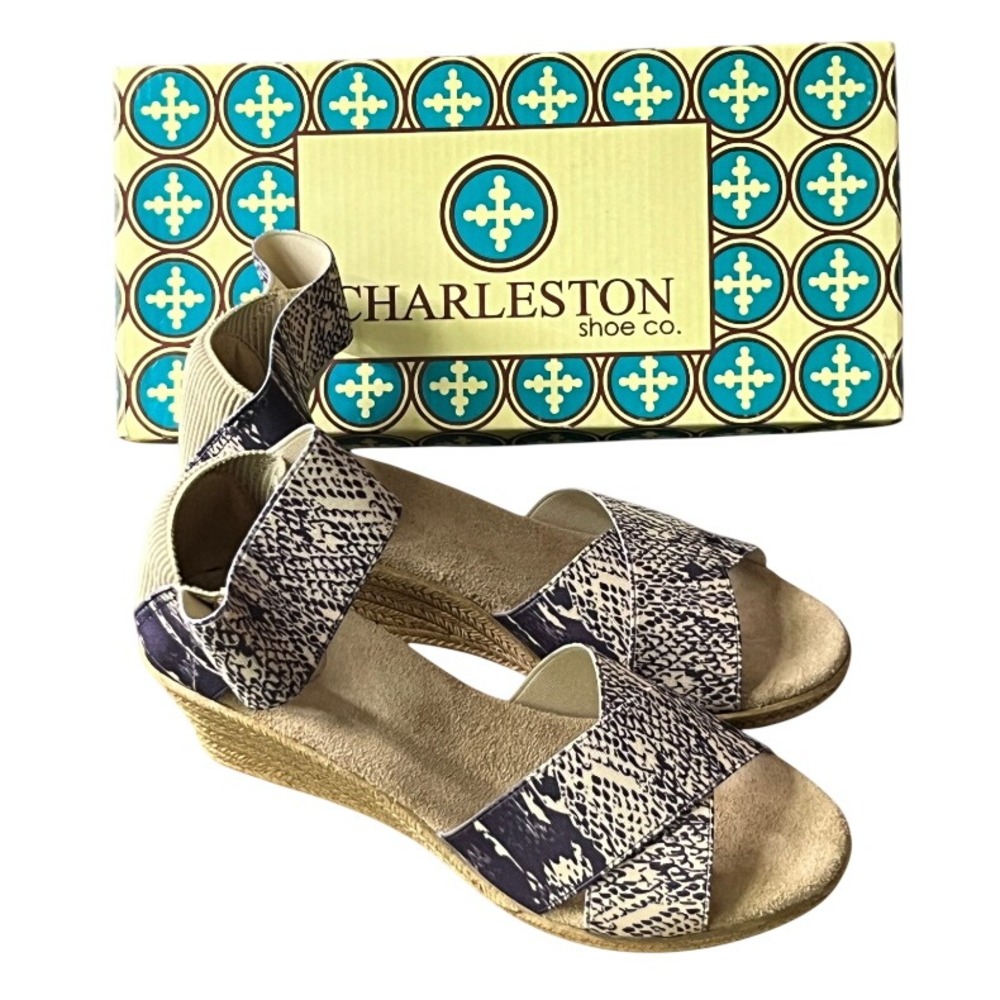 New CHARLESTON Cannon Wedge Espadrille Sandals PURPLE SNAKE Elastic Canvas US-6